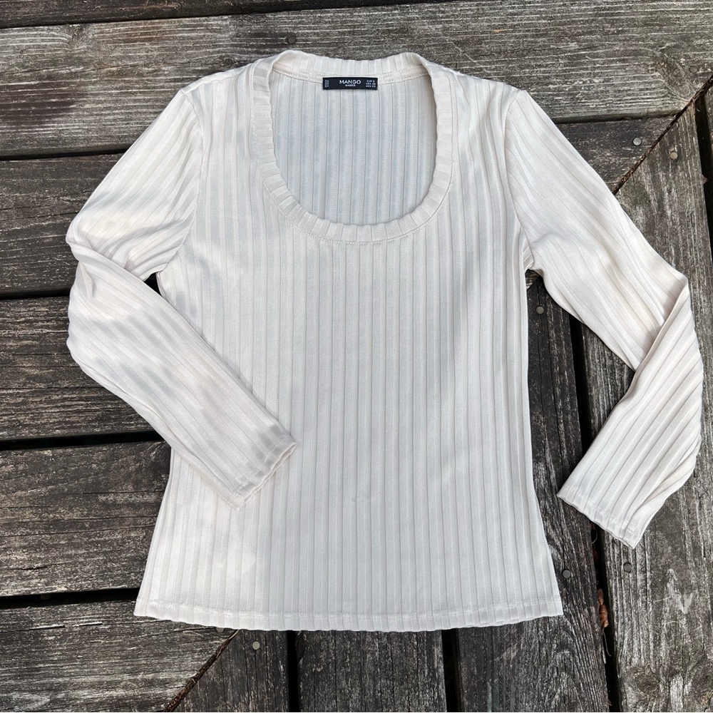 Mango Basics Ribbed Scoop Neck Top size XS Cream color